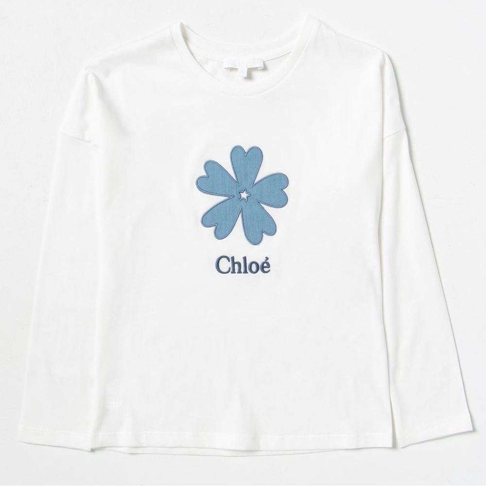 Chloe Girls Blue Flower Embroidered White Cotton Long Sleeve Shirt